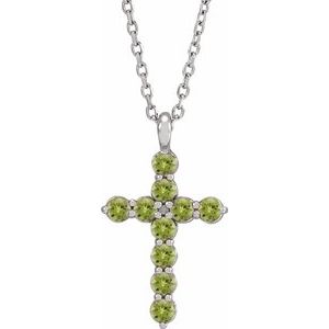 14K White Natural Peridot Cross 16-18" Necklace-Round-2 Mm