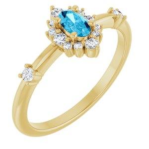14K Yellow Natural Aquamarine & 1/6 CTW Natural Diamond Halo-Style Ring-Oval-5 X 3 Mm