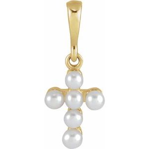 14K Yellow Cultured White Seed Pearl Youth Cross Pendant-Cultured White Seed Pearl-2 Mm