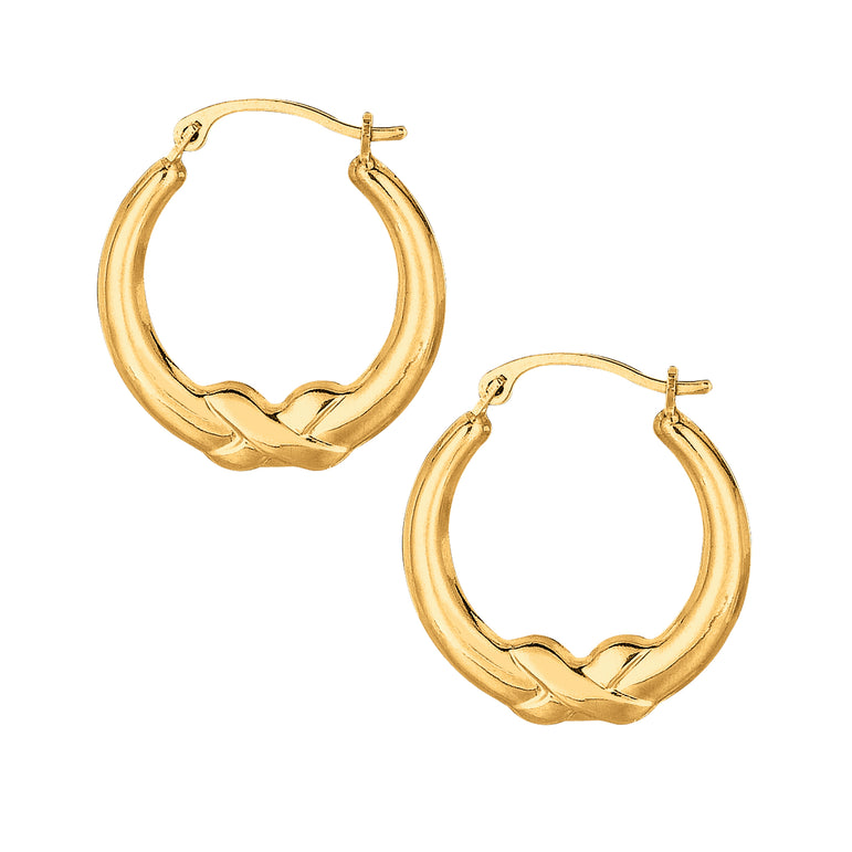 10K Gold Polished X Detail Hoop Earring-Yellow | Hinged