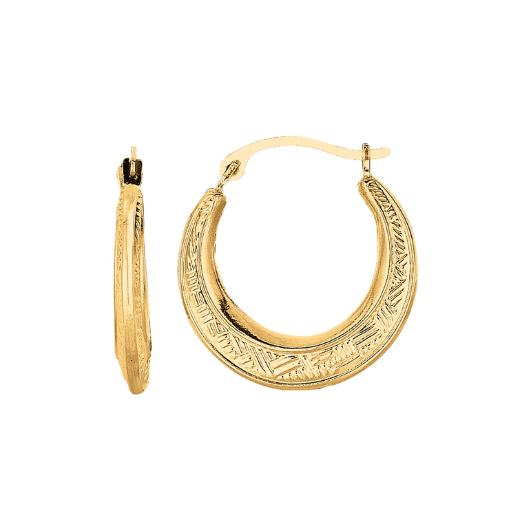10K Gold Diamond Cut Etched Pattern Hoop Earring-Yellow | Hinged
