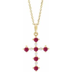 14K Yellow Lab-Grown Ruby & .07 CTW Natural Diamond Cross 16-18" Necklace-Lab-Grown Ruby-2.5Mm :: 0.07 Ctw