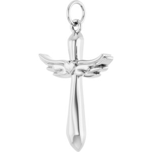 14K White Angel Wings Heart Cross Pendant-Polished