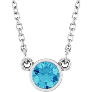 Rhodium-Plated Sterling Silver Imitation Blue Zircon Solitaire 16" Necklace-Imitation Blue Zircon-4 Mm