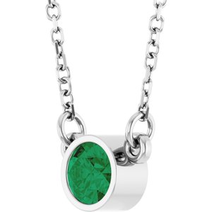 Rhodium-Plated Sterling Silver Lab-Grown Emerald Solitaire 16" Necklace-Lab-Grown Emerald-4 Mm