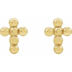14K Yellow Beaded Cross Stud Earrings-Pair-Press Fit Back Included