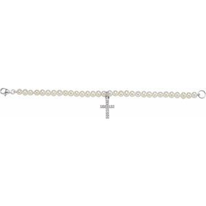 Sterling Silver Cultured White Freshwater Pearl & Imitation White Cubic Zirconia Cross 5 1/2" Bracelet-Cultured White Freshwater Pearl-Imitation Cubic Zirconia