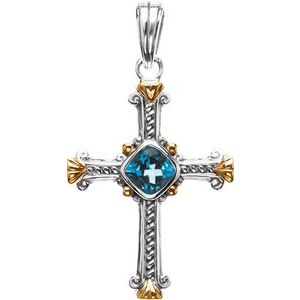 Sterling Silver & 14K Yellow Natural Swiss Blue Topaz Cross Pendant-Natural Swiss Blue Topaz-7 Mm