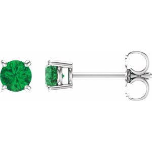 14K White 4 mm Natural Emerald Earrings-Pair-4 Mm