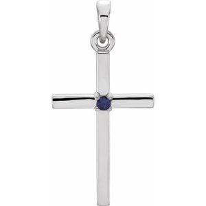 14K White Natural Blue Sapphire Cross Pendant-Natural Blue Sapphire-1.5 Mm