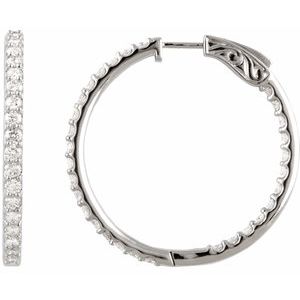 Sterling Silver Imitation White Cubic Zirconia Inside-Outside 34.5 mm Hinged Hoop Earrings-Round-34.5 Mm