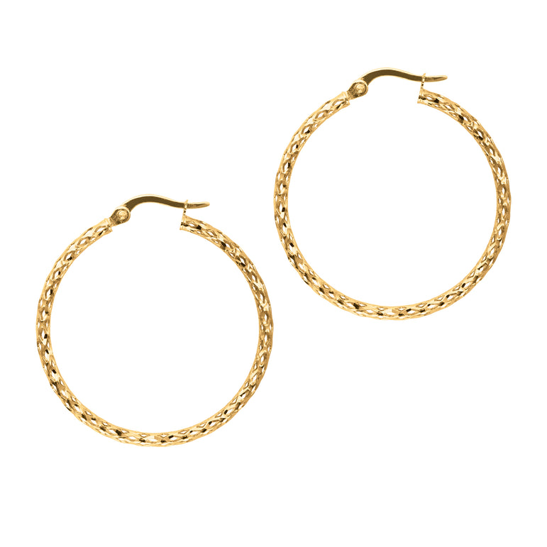 10K Gold Round Diamond Cut Hoop Earring-Yellow | Hinged