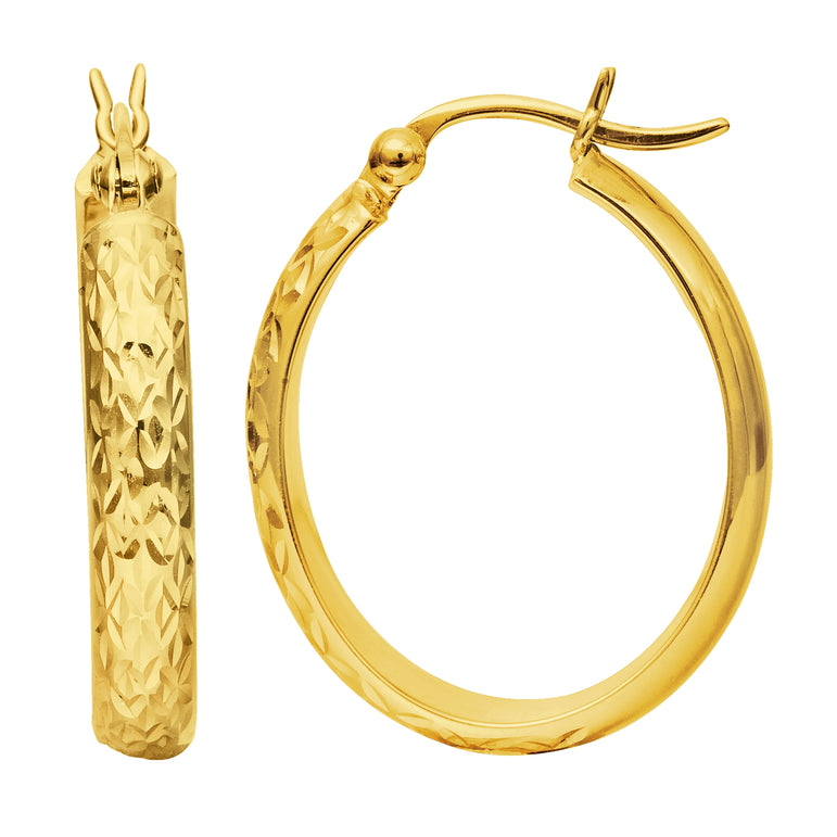 10K Gold Oval Diamond Cut Hoop Earring-Yellow | Hinged