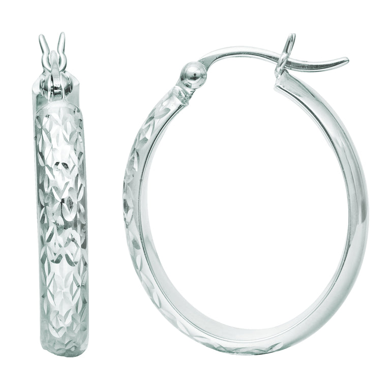 10K Gold Oval Diamond Cut Hoop Earring-White | Hinged