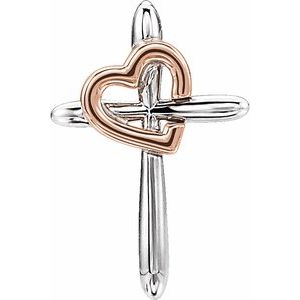 14K White & Rose Cross with Heart Pendant-Polished