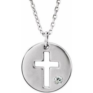 Sterling Silver Imitiation Diamond Pierced Cross Disc 16-18" Necklace-Imitation Diamond-2 Mm