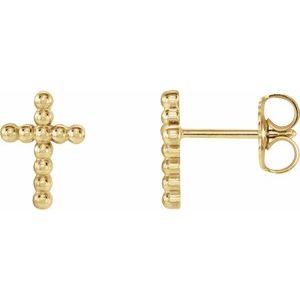 14K Yellow Beaded Cross Earrings-Friction Backs Included-Polished