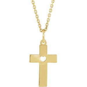 14K Yellow Pierced Heart Cross 15" Necklace-15 In-Polished