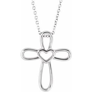 Sterling Silver Cross with Heart 16-18" Necklace-16-18 In-Polished