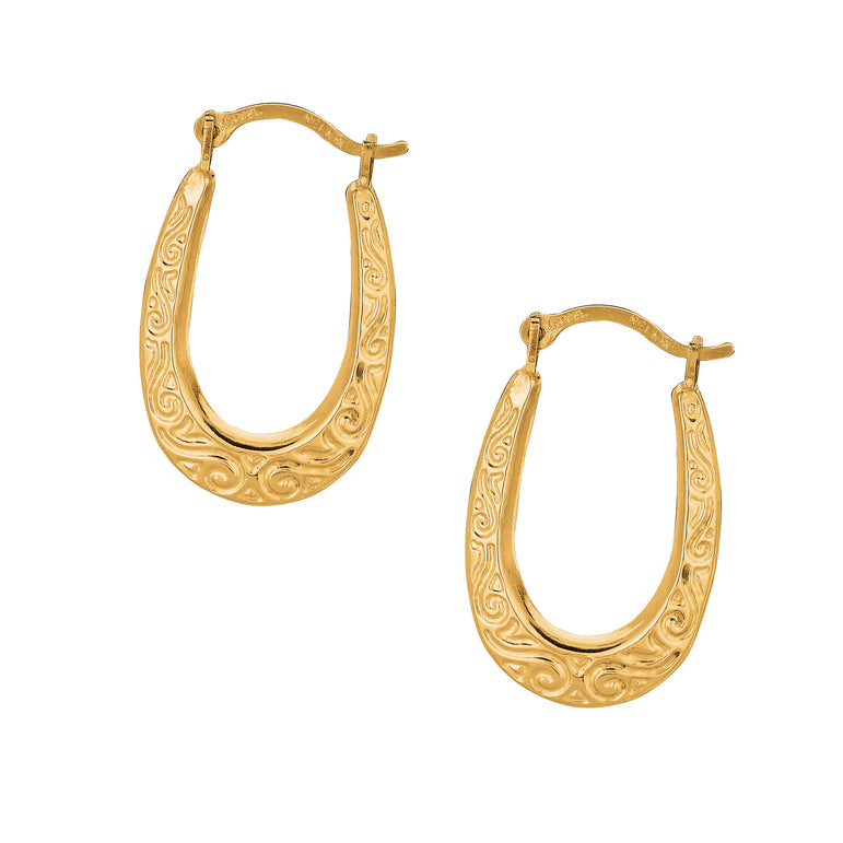 10K Gold Oval Scroll Pattern Hoop Earring-Yellow | Hinged