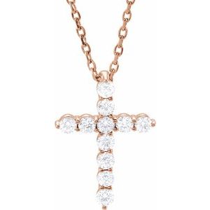 14K Rose 1/4 CTW Lab-Grown Diamond Cross 16-18" Necklace-Lab-Grown Diamond-14.6 X 10.5 Mm