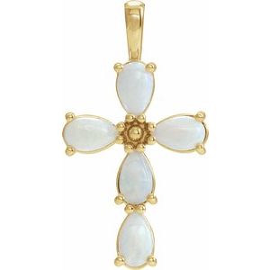 14K Yellow Natural White Opal Cabochon Cross Pendant-Natural White Opal-5 X 3 Mm