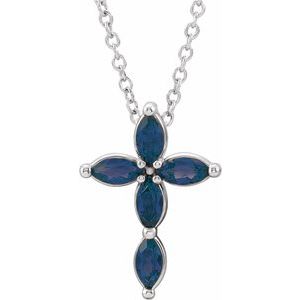 14K White Natural Blue Sapphire Cross 16-18" Necklace-Natural Blue Sapphire-4 X 2 Mm