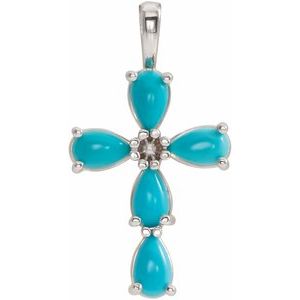 14K White Natural Turquoise Cabochon Cross Pendant-Natural Turquoise-5 X 3 Mm
