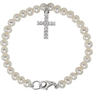 Sterling Silver Cultured White Freshwater Pearl & Imitation White Cubic Zirconia Cross 5 1/2" Bracelet-Cultured White Freshwater Pearl-Imitation Cubic Zirconia