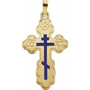 14K Yellow 26x17 mm Blue Enamel Orthodox Cross Pendant-Polished