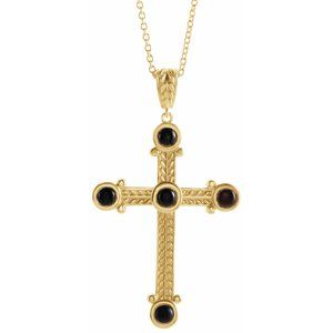14K Yellow Natural Black Onyx Cross 16-18" Necklace-Natural Black Onyx-3 Mm