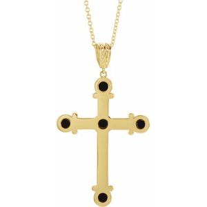 14K Yellow Natural Black Onyx Cross 16-18" Necklace-Natural Black Onyx-3 Mm