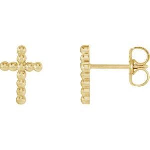 14K Yellow Beaded Cross Earrings-Friction Backs Included-Polished