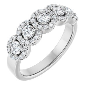 14K White 3/4 CTW Natural Diamond Anniversary Band 5 stone Halo-Round