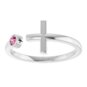 14K White Natural Pink Tourmaline Negative Space Cross Ring-Round-2.5 Mm