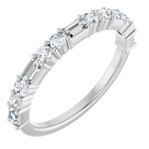 14K White 5/8 CTW Natural Diamond Anniversary Band 8 ROUND FULL CUT, 5 STRAIGHT BAGUETTE STEP-Straight Baguette