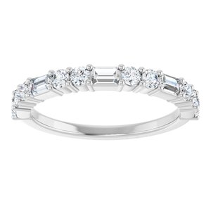 14K White 5/8 CTW Natural Diamond Anniversary Band 8 ROUND FULL CUT, 5 STRAIGHT BAGUETTE STEP-Straight Baguette