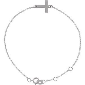 14K White Engravable Cross 6 1/2-7 1/2" Bracelet-Polished-Engravable Petite Sideways Cross Bracelet