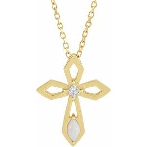 14K Yellow Natural White Opal & .05 CT Natural Diamond Cross 16-18" Necklace-Natural White Opal-4 X 2Mm :: 0.05 Ct