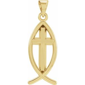 14K Yellow 19x9 mm Fish with Cross Pendant-Polished