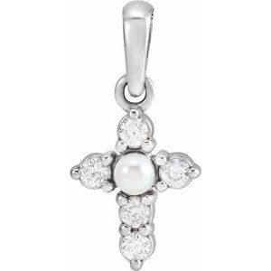14K White Cultured White Seed Pearl & .07 CTW Natural Diamond Cross Pendant-Cultured White Seed Pearl-2Mm :: 0.07 Ctw