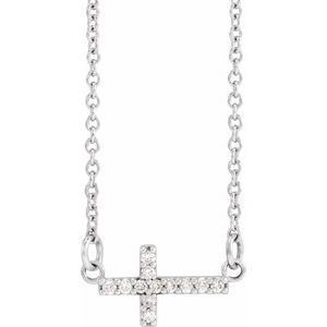 14K White .05 CTW Natural Diamond Sideways Cross 16-18" Necklace-Natural Diamond-12.03 X 5.96 Mm