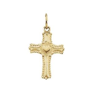 14K Yellow 13x10 mm Youth Cross with Heart Pendant-Polished