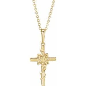 14K Yellow Floral Cross 16-18" Necklace-16-18 In-Polished