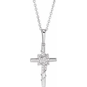 Sterling Silver Floral Cross 16-18" Necklace-16-18 In-Polished