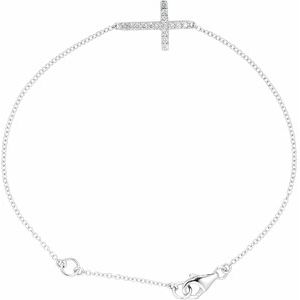 Sterling Silver Imitation Cubic Zirconia Sideways Cross 7-8" Bracelet-Round-1.5 Mm