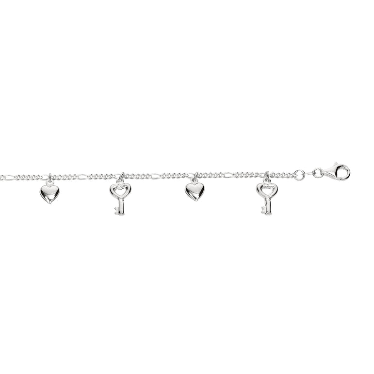 Silver Dangle Key and Hearts Anklet-White | Lobster