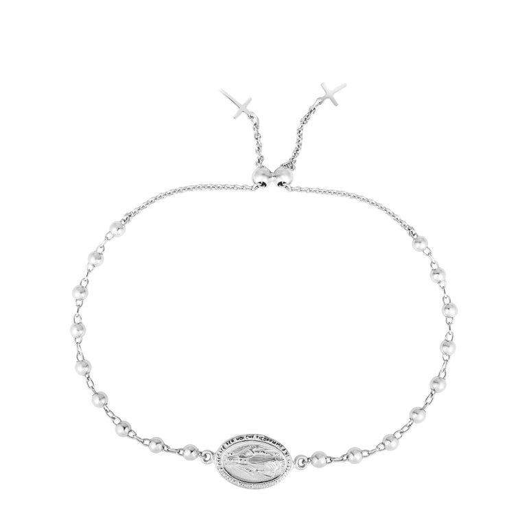 Sterling Silver Religious Medal Bead Friendship Bracelet-White | Draw String