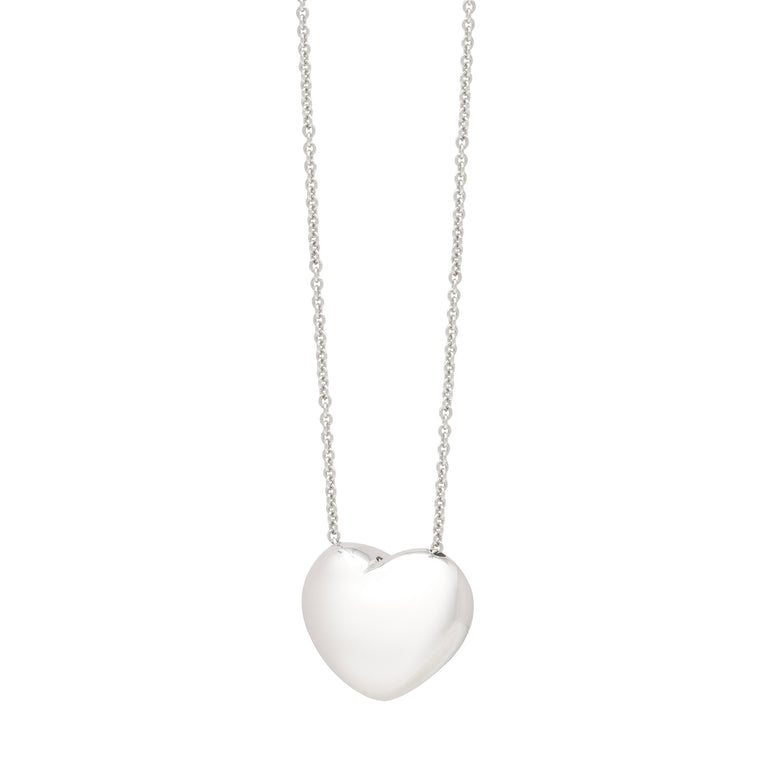 Silver Puffy Heart Necklace -White | Lobster