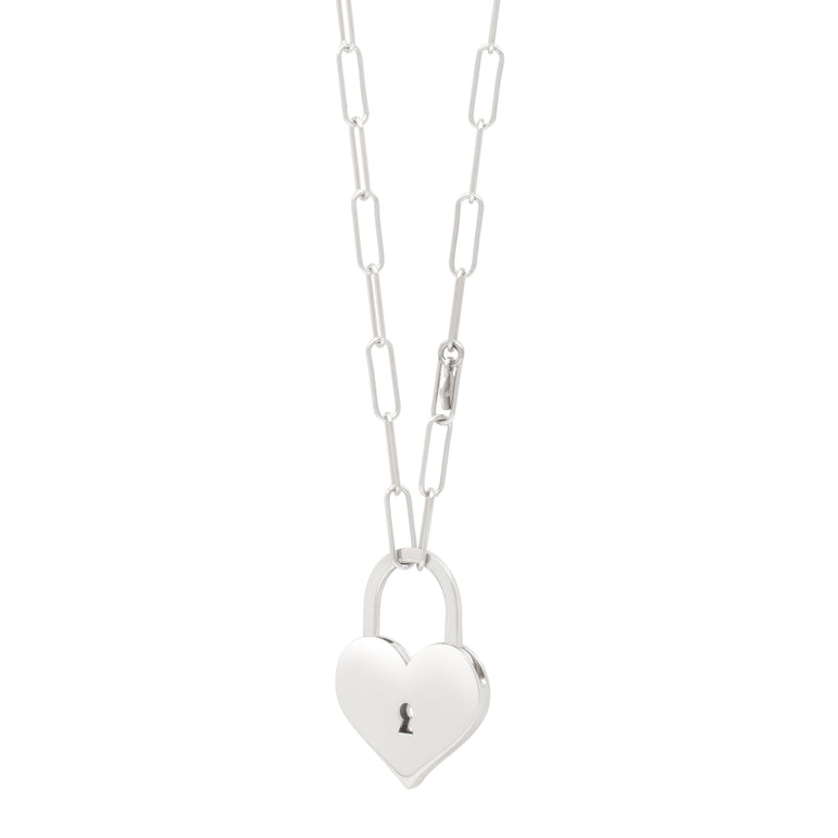 Silver Padlock Heart Necklace -White | Hinged